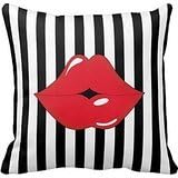 Cotton Square Decorative Throw Pillow Case Cushion Cover Black and White Stripes Red Lips Throw Pillow Cover 16" x 16"