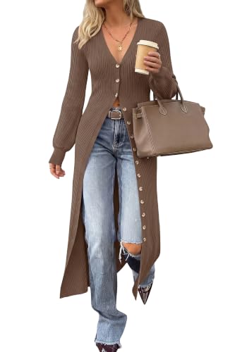 BTFBM Button Up Long Cardigans For Women Ribbed V Neck Midi Sweater Dress at Amazon