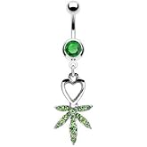 Pierced Owl 14GA Stainless Steel Heart and Crystal Paved Pot Leaf Dangling Belly Button Ring