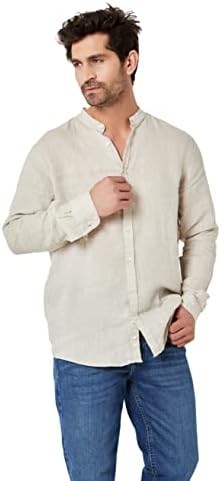 Men's Relaxed Fit Linen Look Mao Collar Concealed Button Shirt