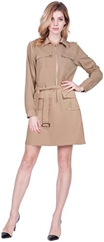 naafii Women's Roll Up Sleeves Multi-Pocket Above Knee Shirt Dress With Belt