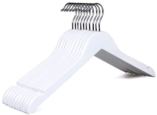 TOPIA HANGER White Wood Dress Hangers, Beautiful Wooden Shirt Hangers, 360 Chrome Hook- Smooth Finish- Extra Smoothly Cut Notches, 10 Pack CT06C