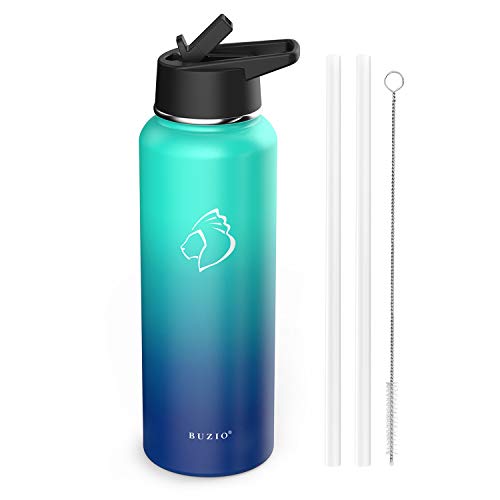 BUZIO Double Wall Stainless Steel Sports Water Bottle, BPA-Free Flex Cap and Straw Lid, 40 Ounces, Pacific Dream