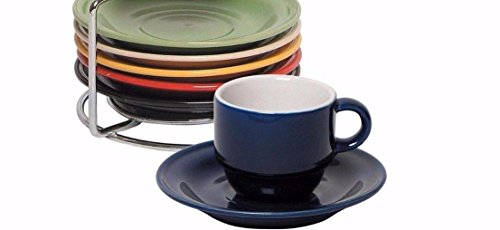 Stoneware Ceramic Espresso Cups Set - 13 Pc Colorful Stacking Espresso Cup and Saucer Set w/Rack
