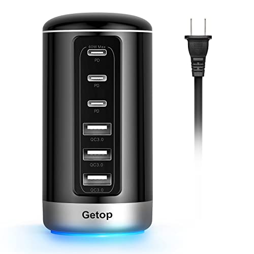 Getop USB C Charger, 60W 6-Port Fast USB Charging Station with USB-C  USB-A, Portable Multiport USB C Des