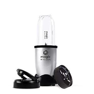 NutriBullet-1485-Magic-Bullet-4pc-Blender-Mixer-Food-Processor-Silver Magic Bullet 4pc Starter Kit - Includes 1 High Torque Power Base, 1 Tall Cup with Flip Top Lid & 1 Cross Blade - Food…