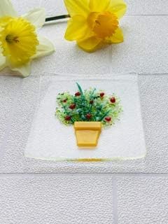 Fused Glass Dish with Plant Pot and Flowers (Yellow)