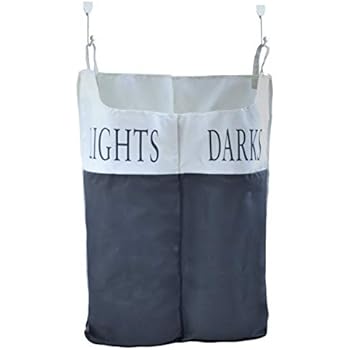 Space Saving Lights and Darks Hanging Laundry Hamper Bag - Two Compartments - Free Door Hooks - Open Top Design to Hold More Laundry Than Other Type Bags - Tested to be Strong and Durable