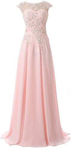 Clearbridal Women's Lace Applique Chiffon Prom Evening Party Dress Sheer Neck Pearls Beaded Formal Bridesmaid Gowns SD181