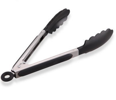Maxware Premium 9-inch Stainless Steel Food Tongs With Rubber Tip And Nylon Heads,black, Non-stick
