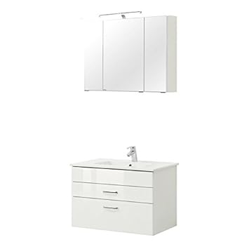 Badezimmermöbel Waschtisch & Spiegelschrank Set Hochglanz weiß mit 80cm