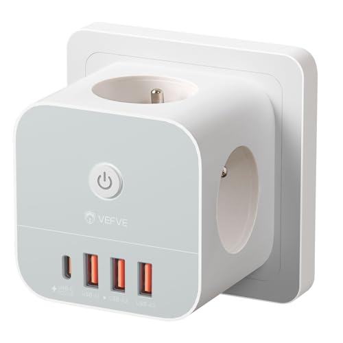 VEFVE Cube Wall Power Strip with USB C 20W, 7-in-1 Power Strip with 3 AC Outlets, 4 USB Ports (1 USB-C + 3 USB-A), Fast Charger, Switch, 3680W - for Home, Office, Phone