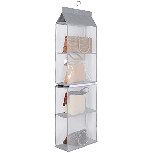 Aoolife Hanging Purse Handbag Organizer,Clear Hanging Shelf Bag Collection Storage Holder-Dust-Proof Closet Wardrobe Hatstand Space Saver,4 Shelf(Grey)