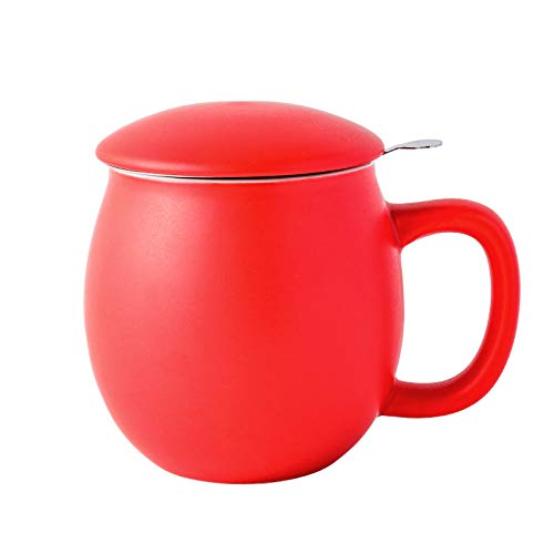 Yundu 12oz Matte Red Ceramic Tea Mug with Infuser and Lid, Steeping Lid Cup Stainless Steel Infuser for Loose Leaf Tea, Home Office Gift for Lovers
