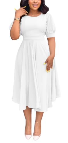 WUSENST Summer Dresses for Women Short Puff Sleeves O-Neck Semi Formal Wedding Guest and Church Dress for Cocktail Party White at Amazon