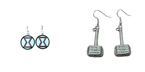 Black Widow Logo and Thor Hammer With Writing Dangle Earrings w/Gift Box
