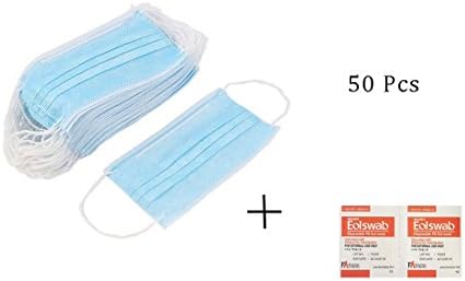 50 Pcs Disposable 3-Ply Earloop Face Mask Dust Filter Mouth Cover, 10 Pieces Alcohol Pads Included (Blue)