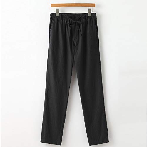 Men's Joggers Linen Breathable Loose Long Pants Solid Color Straight Trousers Black