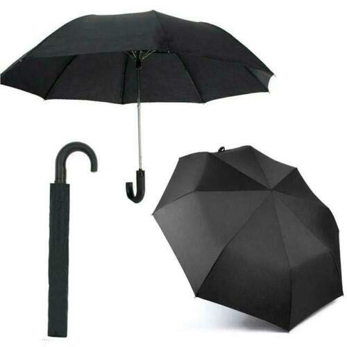 SHINE Black, colourful, printed windproof compact umbrellas for ladies and men unisex walking brollys (Medium Black J-handle umbrella)