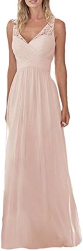 Holygift Women's V Neck Chiffon Long Lace Beach Prom Bridesmaid Dresses Wedding Guest Dresses Blush Pink US8
