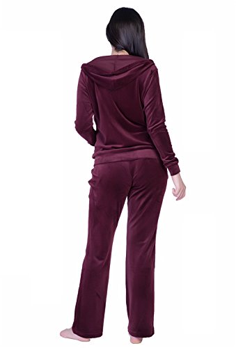Dolcevida Women's Active Solid Velour Tracksuit Zip up Hoodie and Sweat Pant Set (Wine, M)