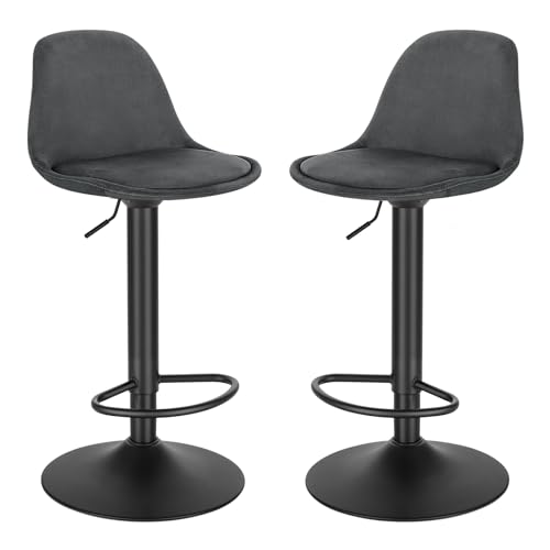 Juego de 2X Taburete de Bar Giratorio, con Altura Ajustable Entre 60,5 y 82 cm, Taburete de Cocina, Estructura Metal, con Respaldo y Reposapies, Gris Oscuro, Terciopelo