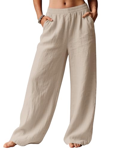 Rapbin Linen Trousers Womens Wide Leg Pants for Women UK Ladies Summer Casual Elasticated Waist with Pockets