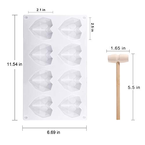 Diamond Heart Cake Mold Silicone Bakeware, Love Shaped Chocolate Molds, 2 Pieces Wooden Hammers, Non-Sticky Dessert Cookie Mold for Home Kitchen Valentine Mother\'s Day DIY Baking Tools