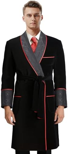 Men's Silky Satin Smoking Jacket (Small, Black Brocade Design) at