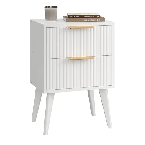 Fluted Nightstand with 2 Drawers,Modern Bedside Table with Metal Handles,White Side Table with Solid Wood Legs,Mid Century End Table for Living Room,Bedroom,White CAACTG55W