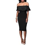 Women's Off Shoulder Ruffles Back Split Slim Stretch Cocktail Party Bodycon Midi Dress L Black