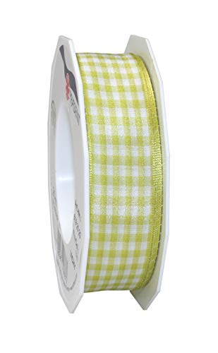 Praesent - Vichy Wired Ribbon Lime-White 25 mm Width, 20 m Length