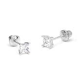 925 Sterling Silver Rhodium Plated 3,4,5mm Princess Cut Cubic Zirconia Screwback Baby Girls Earrings