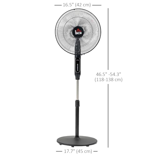 HOMCOM 16-Inch Pedestal Fan, Standing Fan with Adjustable Height, 3 Speeds, 85° Oscillation, LED Control Panel, Remote, 15H Timer for Living Room Bedroom Office, Black