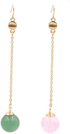Mismatched Gold Tone Green Indian Jade (Aventurine) and Pink Rose Quartz Crystal Ball Sphere Drop Hook Earrings - Semi-precious Gemstone (In Organza Bag)