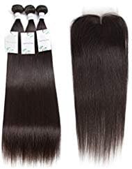 Yueruina 10A Brazilian Virgin Human Hair Straight 3 Bundles with Closure 100% Unprocessed Virgin Human Hair Bundles Remy Hair Extensions (12 14 16+10 inch) 10 inches, Bundles with Closure)