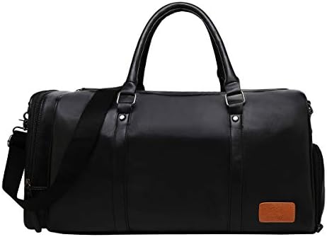 Mens & Womens 40L Large Overnight Bag Vintage Leather Travel Duffel Bag Waterproof Sports Training Tote Bag with Shoes Compartment (Black)