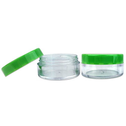 (Quantity: 20 Pieces) Beauticom 10G/10ML Round Clear Jars with GREEN Lids for Scrubs, Oils, Salves, Creams, Lotions, Liquid, Powder, Glitter, Sample Products - BPA Free