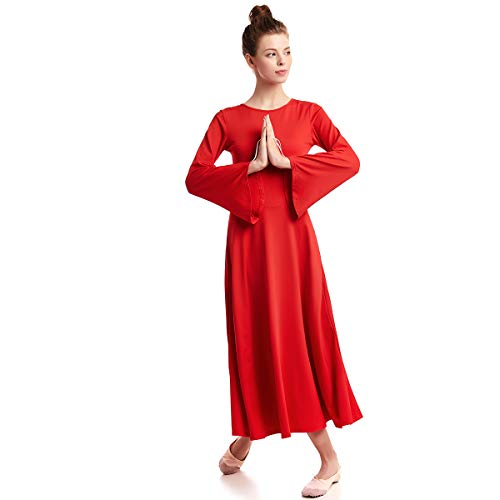 HIHCBF Adult Women Bell Sleeve Liturgical Praise Dress Solid Color Full Length Wide Swing Loose Fit Worship Dancewear Red XL