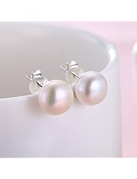 Alyc Aretes de perlas de agua dulce, perla blanca, aretes de plata de ley 925