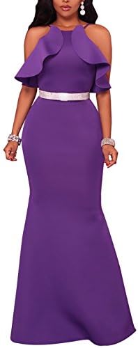 VEAGOO Womens Sling Round Collar Round Collar Sleeveless Reffle Backless Solid Bodycon Maxi Prom Purple Dress M