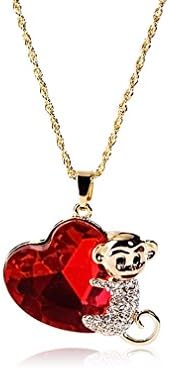 HotVally Heart Diamond Animal Monkey Gold Chain Necklace Jewelry (Red)
