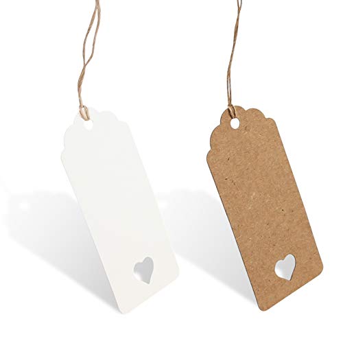 Koogel 200pcs Gift Paper Tags, Heart Kraft Paper Label with Strings for Gifts Arts Crafts Wedding Holiday Christmas