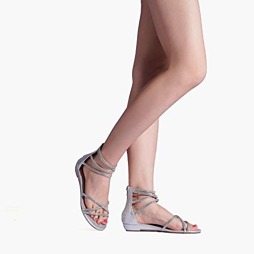 DREAM PAIRS Women's Weitz Silver Ankle Strap Rhinestones Low Wedge