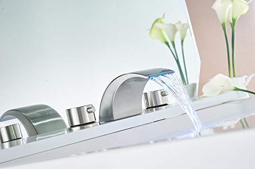 Bathfinesse 8-16 Inch LED Waterfall Widespread Bathroom Sink Faucet 3 Holes with Two Handles Commercial Brushed Nickel Lavatory Faucets