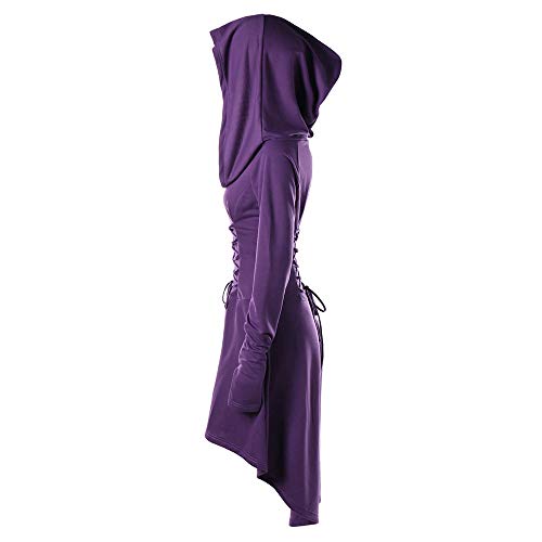JOFOW Women Hooded Dresses Carnival Costumes Cross Strappy Long Sleeve Tunic Slim Witch Midi Pullover Festival Halloween (2XL =US:16-20,Purple)