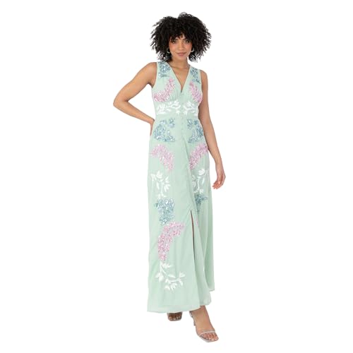 Maya Deluxe Women's Ladies Maxi Dress V-Neckline Sleeveless Floral Sequin Embellished Button Front Slit for Wedding Guest Occasion, Vestito Donna, Mint Green,