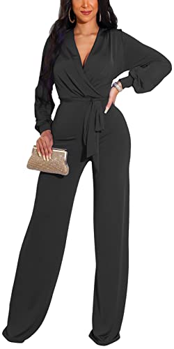 Photo 1 of shengfan Black Formal Dressy Jumpsuits for Women Evening Sexy Deep V Neck Plus Size Long Wide Leg Pants Rompers Clubwear