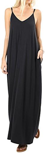 Stokeen Womens Summer Casual Plain Swing Pockets Loose Beach Spaghetti Strap Maxi Dress