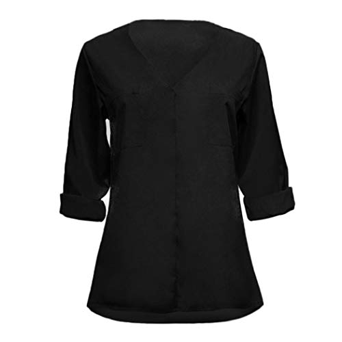 OWMEOT Women Long Sleeve V Neck Hollow Out Floral Print Shirt Tops Long Blouse Tee (Black, L)